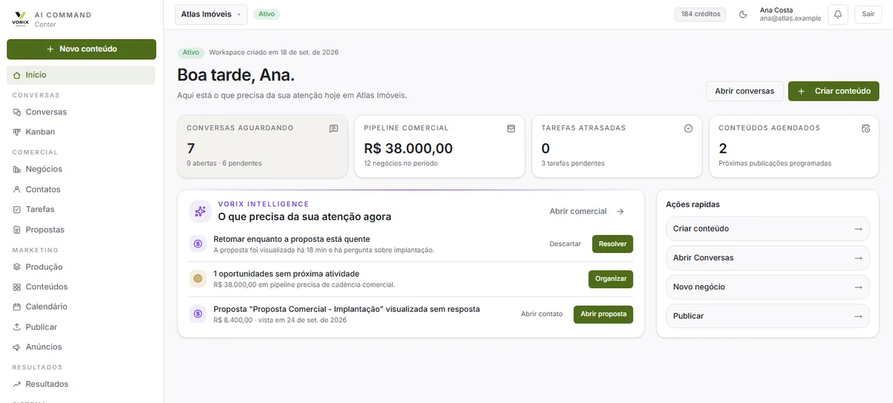 Tela real da Home do Vorix com Command Center, KPIs e resultados