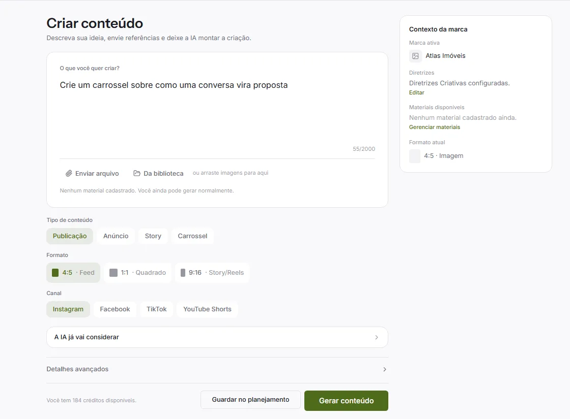 Tela real do Vorix: Criar conteúdo