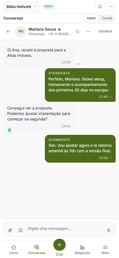 Tela mobile real de Conversas do Vorix